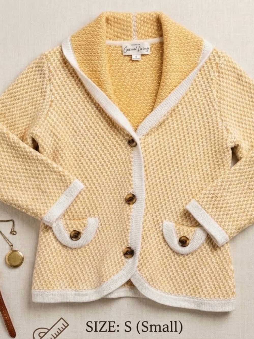 Vintage Casual Living Knit Cardigan Jacket Yellow White Preppy Cricket Golf Sz S